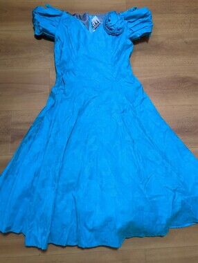 Vintage 80s Niki Teal Blue Green Retro Off-Shoulder Party Dress, Costume, Prop